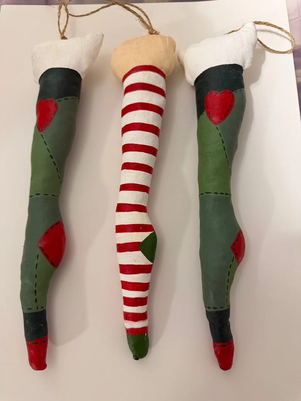 Elf Leg Christmas Hanging Bauble Ornaments 11” Long Set Of 3 Multicolor Striped